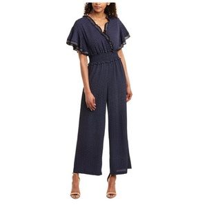 Max Studio Blue Tile Pattern Jumpsuit- Ruffled Neckline, Wide Leg